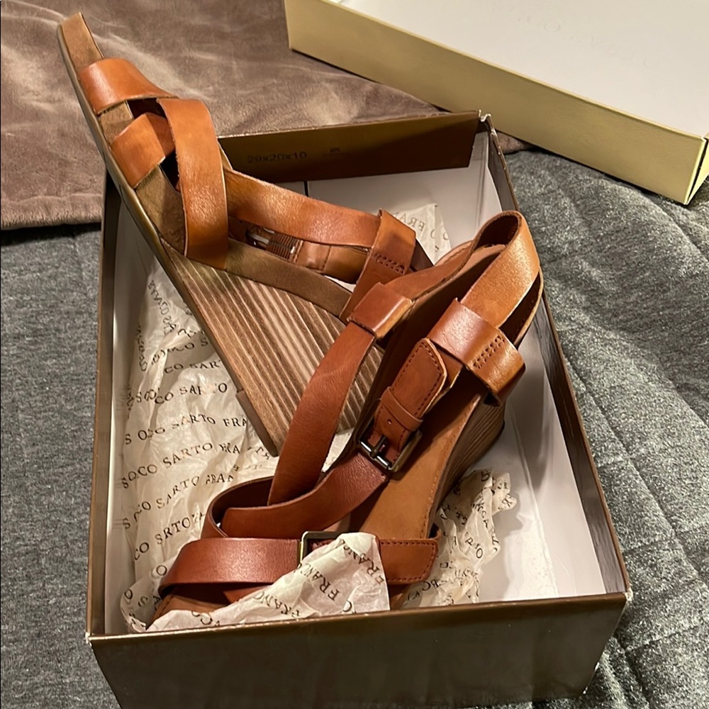 Franco Sarto Tan Leather Wedge Sandals
